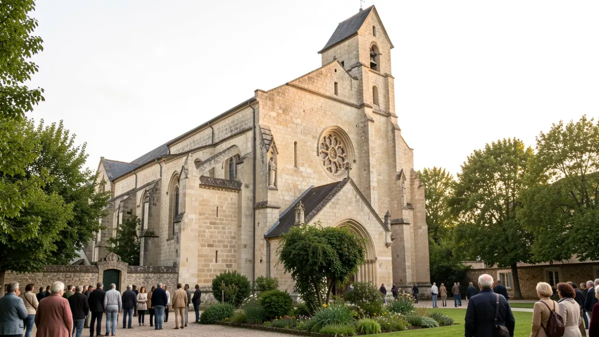 Façade de l'église Saint-Jacques-Philippe à Buxerolles, un édifice historique en pierre avec un clocher, entouré de verdure et d'un jardin. Lumière douce du jour.