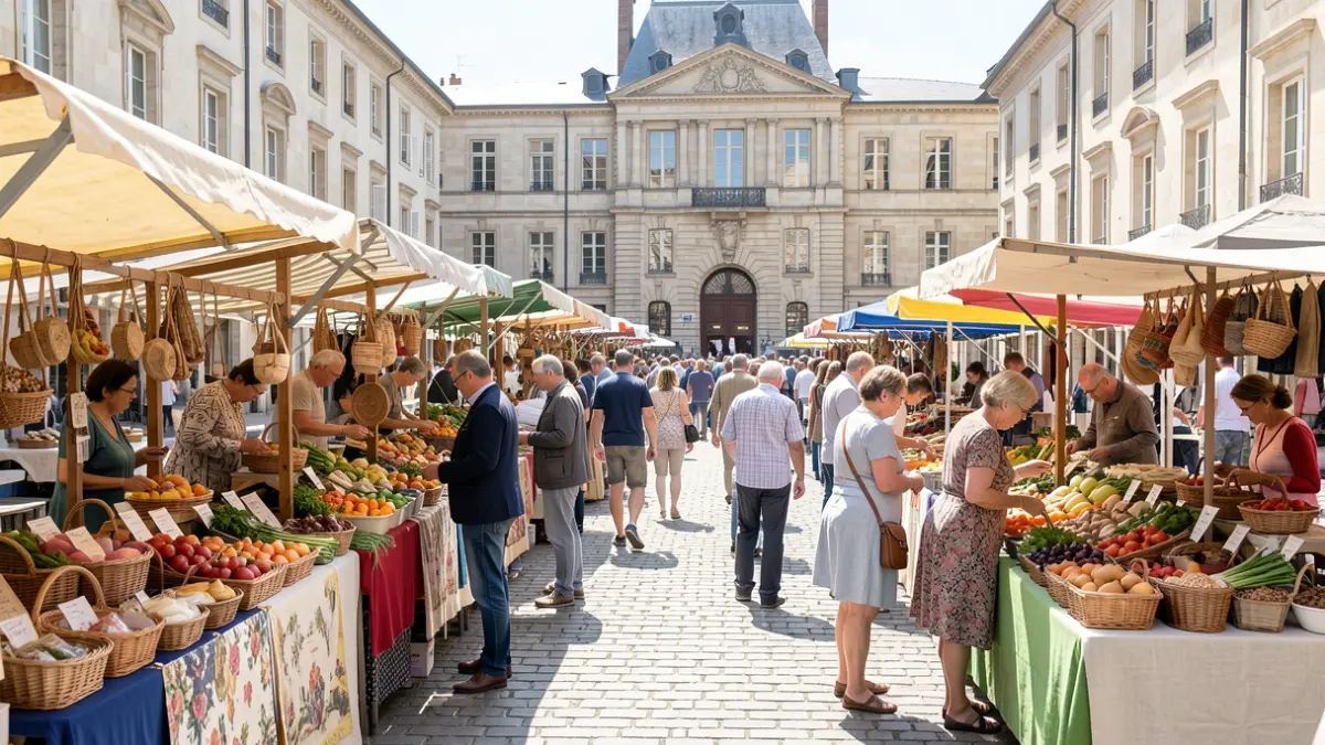 Scène de marché gourmand animée sur la place de la mairie de Saint-Loubès, avec des producteurs et artisans.